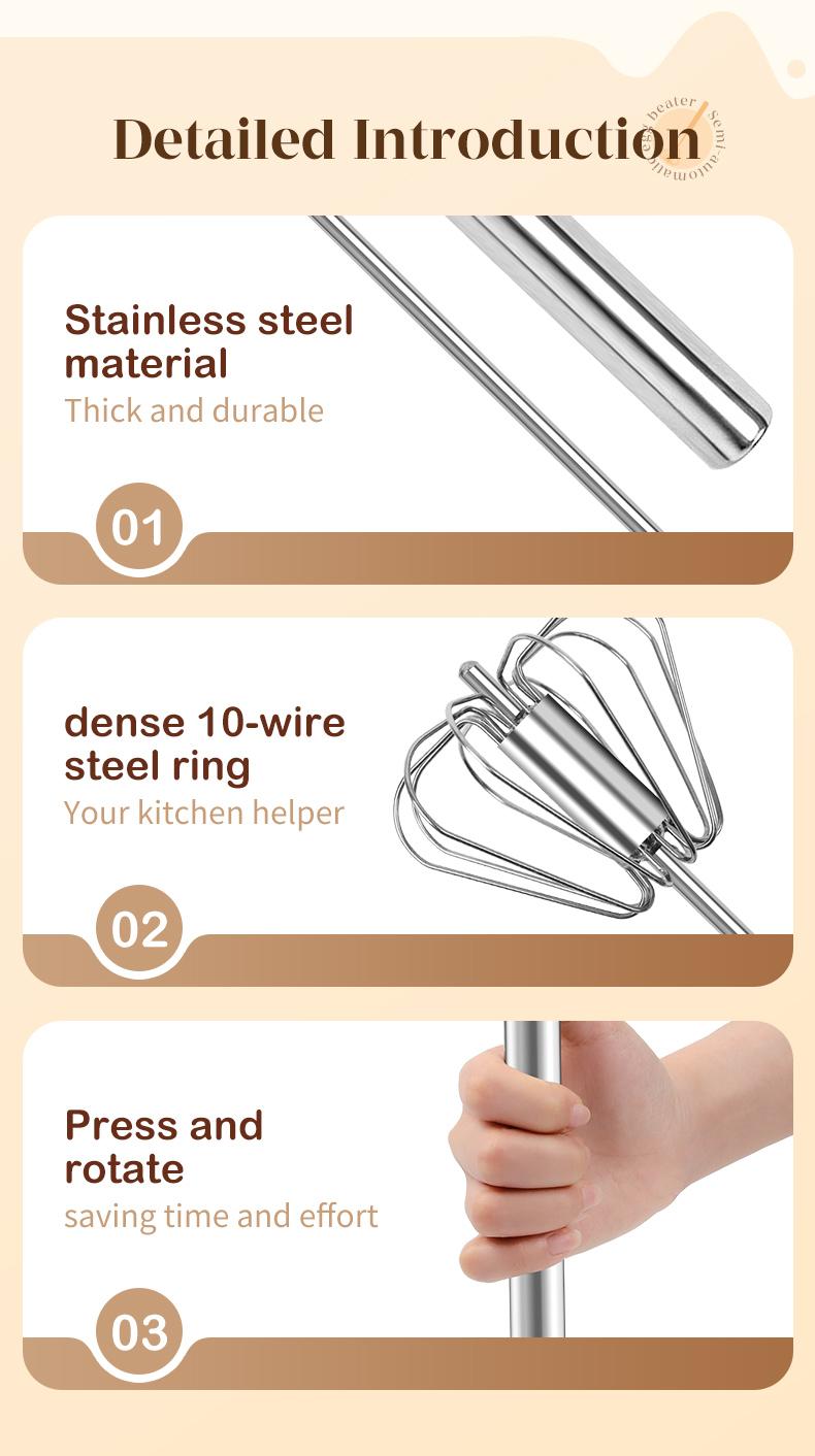 AA Food-Grade Stainless Steel Hand-Push Rotary Whisk, Rust-Resistant with Sturdy Riveted Construction, Semi-Automatic Kitchen Utensil for Coffee, Egg Whisking and Cooking Tasks, Easy to Clean